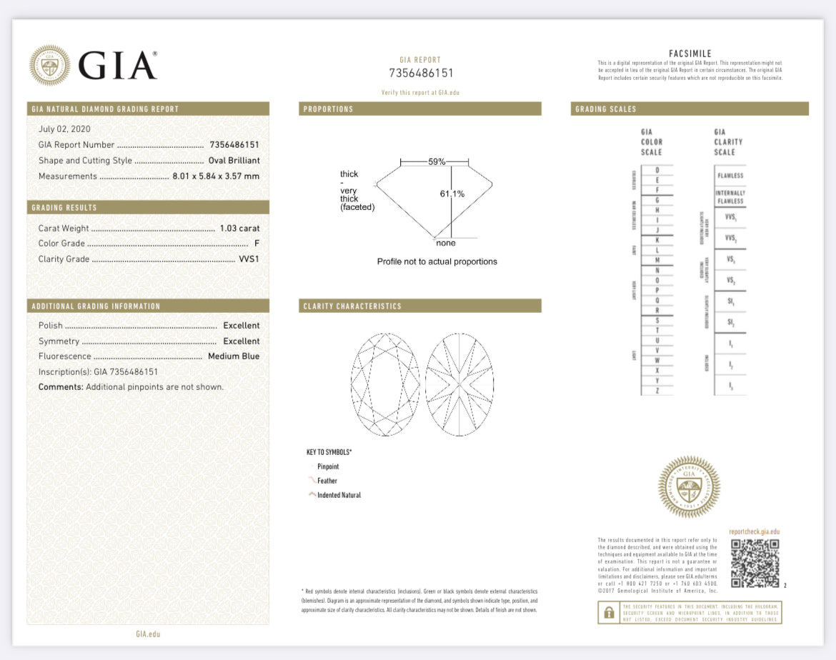 1.03 Carat Oval Cut Diamond F, VVS1 , GIA CERTIFICATE  7356486151  //