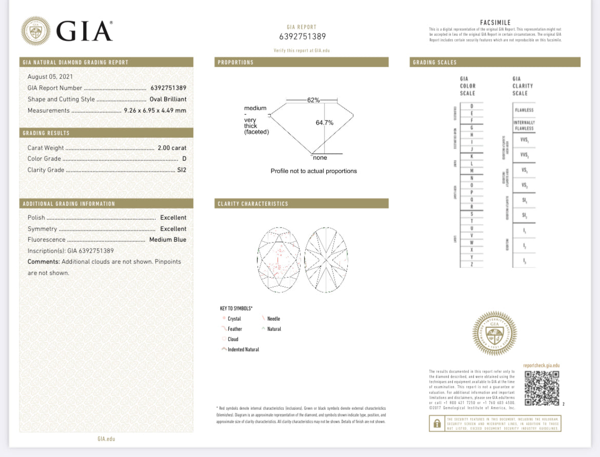 2.00 Carat Oval Cut Diamond  D , SI2 , GIA CERTIFICATE 6392751389