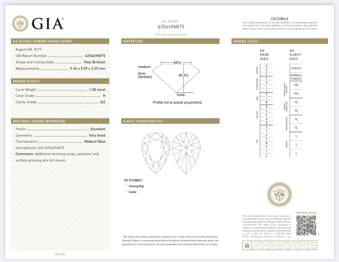 1.00 Carat Pear Shape  Diamond H, SI2 , GIA Certified 6204496875