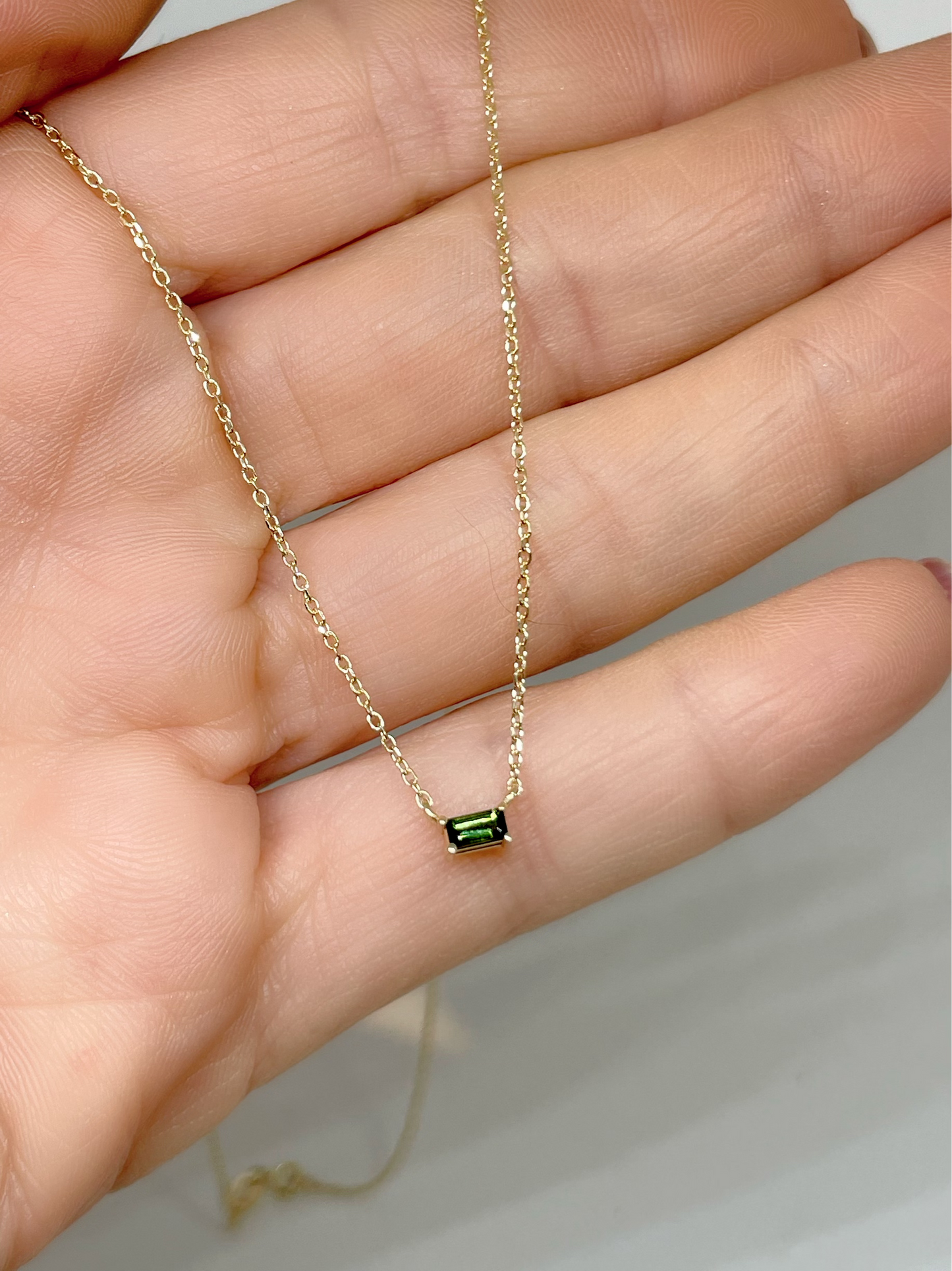 Tiny 14K Yellow Gold Natural Green Tourmaline Solitaire, comes with 18" Necklace