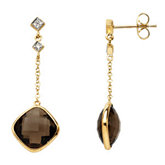 14K Yellow Gold Earrings Checkerboard Cut Smoky Quartz & .05ct Diamond
